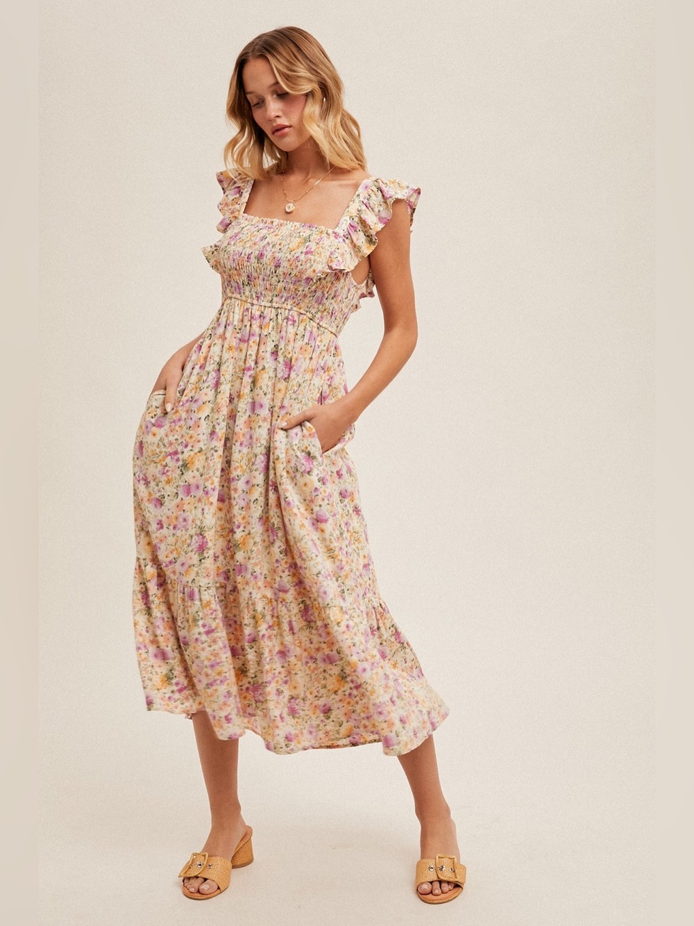 Smocked Floral Midi Dress in Cream and Pink